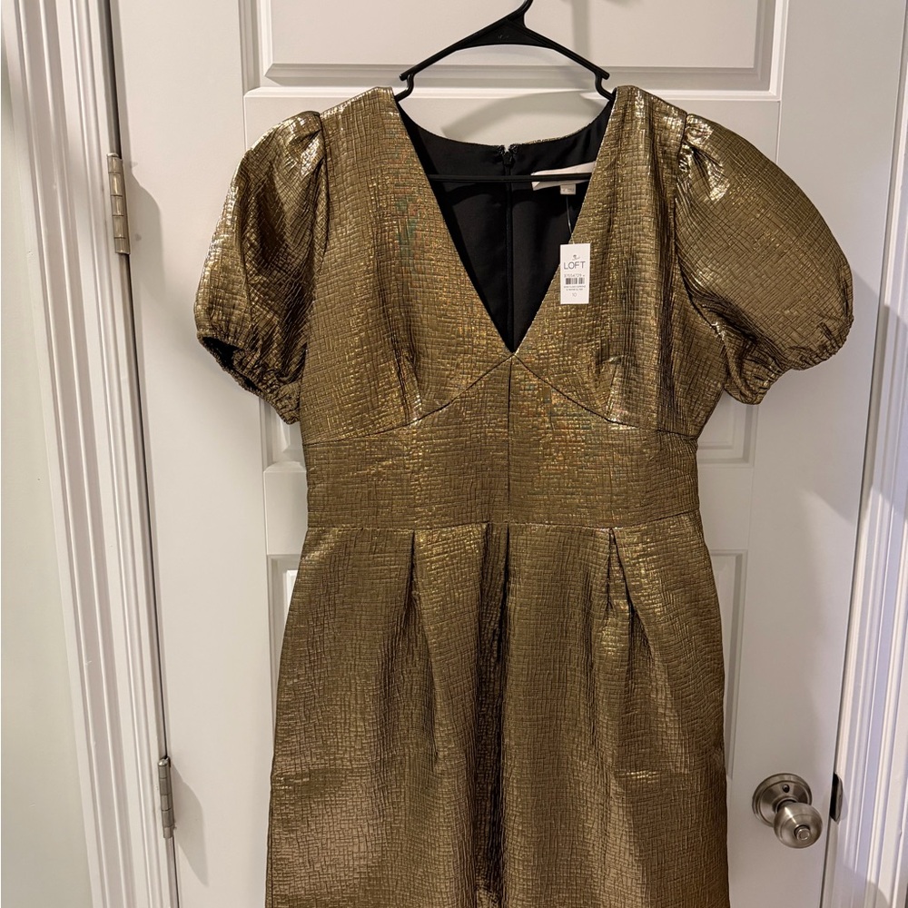 LOFT Metallic Gold Puff Sleeve Mini Dress